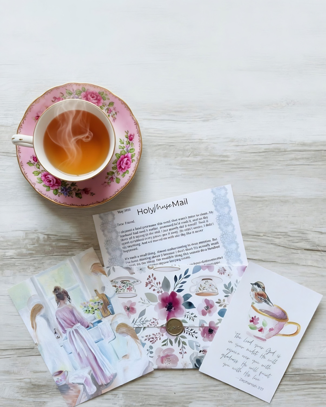 Teacup with saucer, floral card, and letter on a wooden surface, Christian mail club