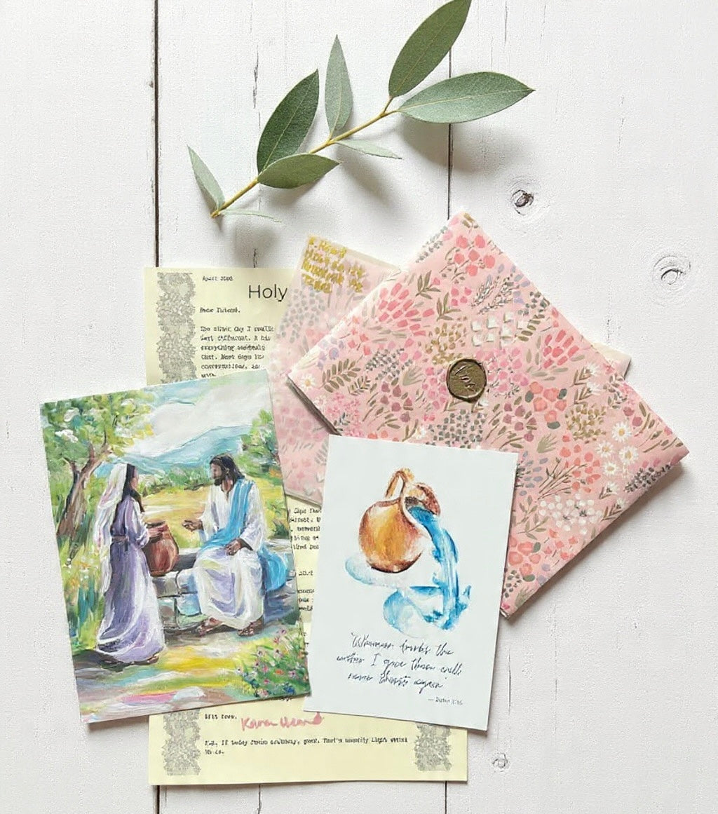 Hand painted art print mail club on a wooden surface, Christian theme, woman at the well
